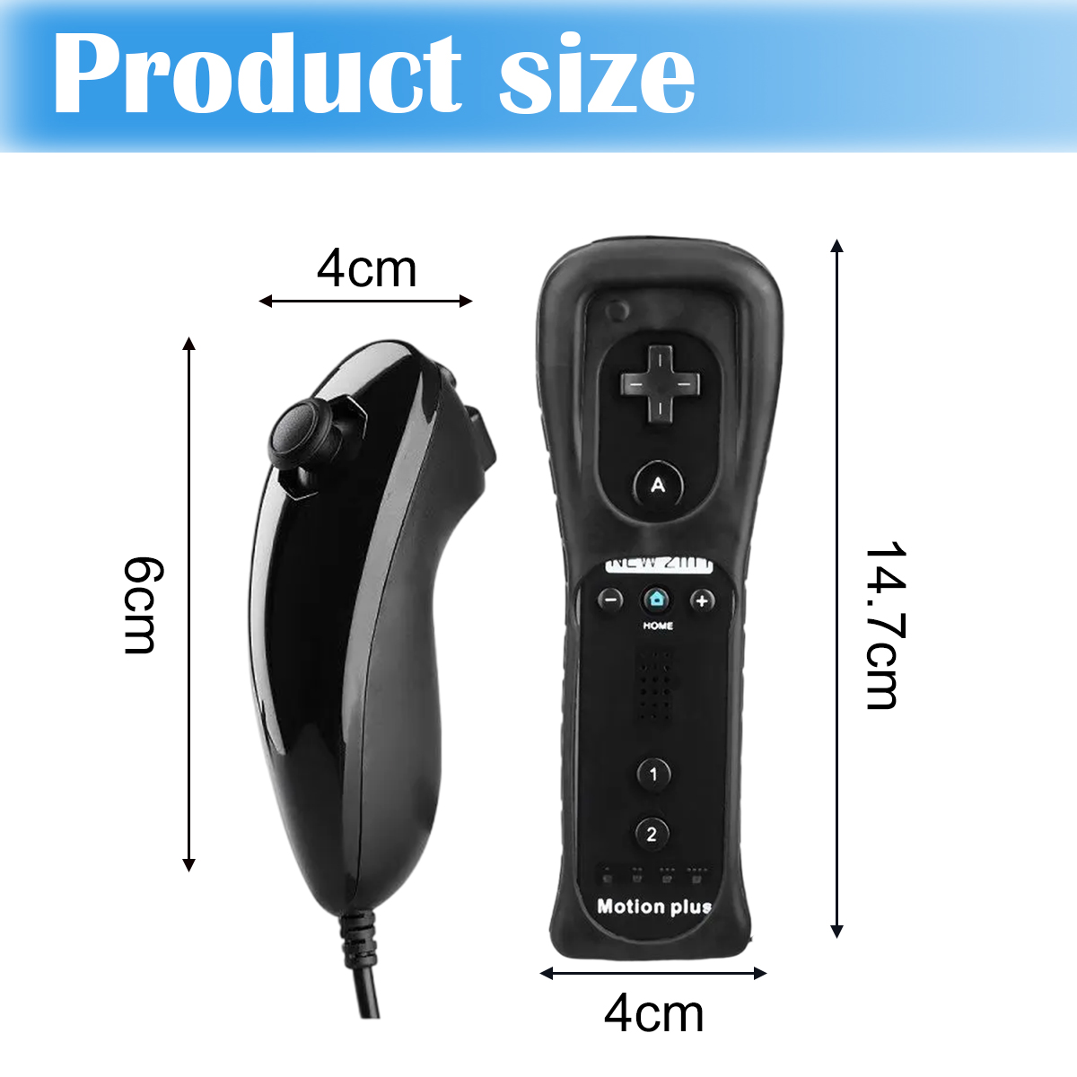 Due controller neri con dimensioni: 6x4cm e 14.7x4cm.
