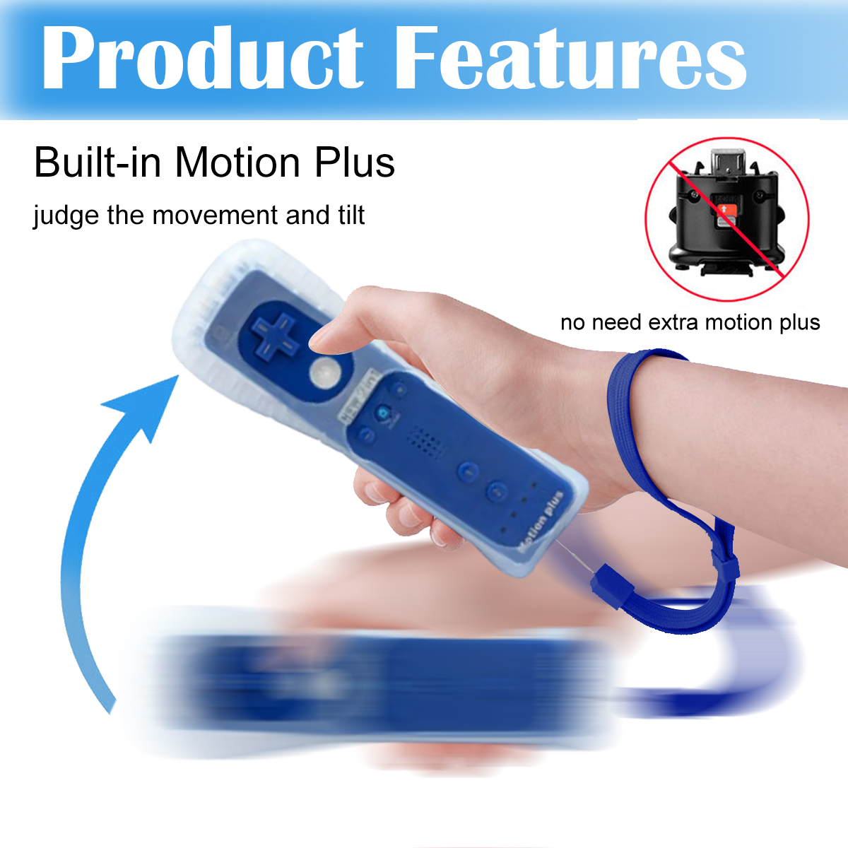 Mano tiene controller blu con sensore di movimento e cinturino. Non serve Motion Plus extra.