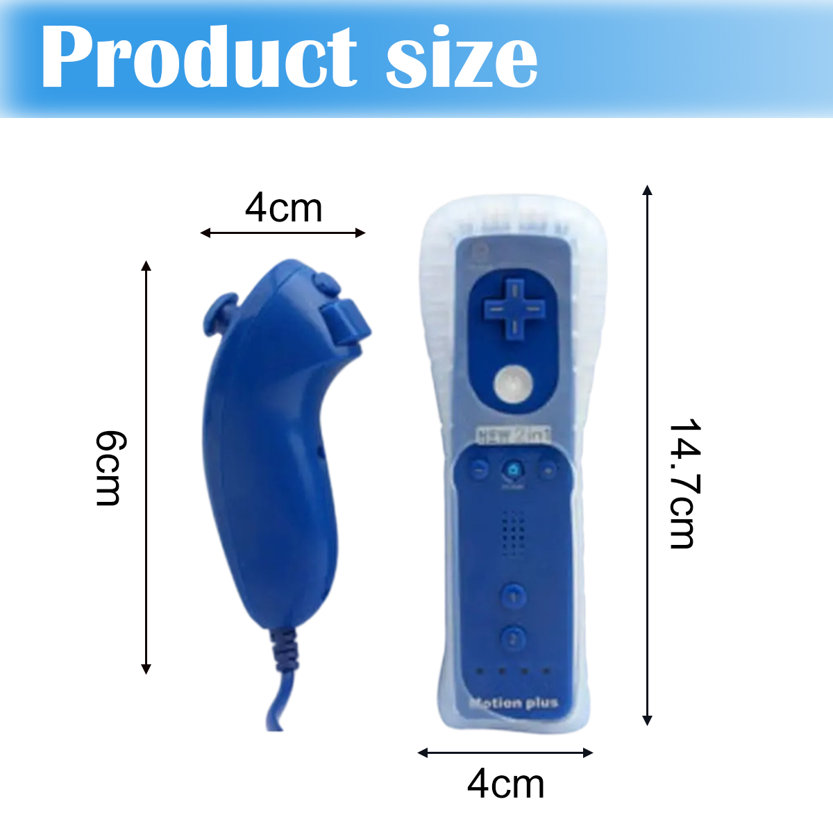 Nunchuk blu e controller Motion Plus con etichette di dimensioni: 6x4cm e 14,7x4cm.