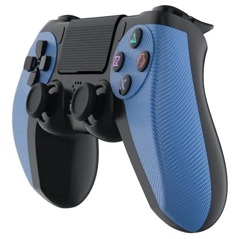 Un controller di gioco blu e nero con due joystick e pulsanti.