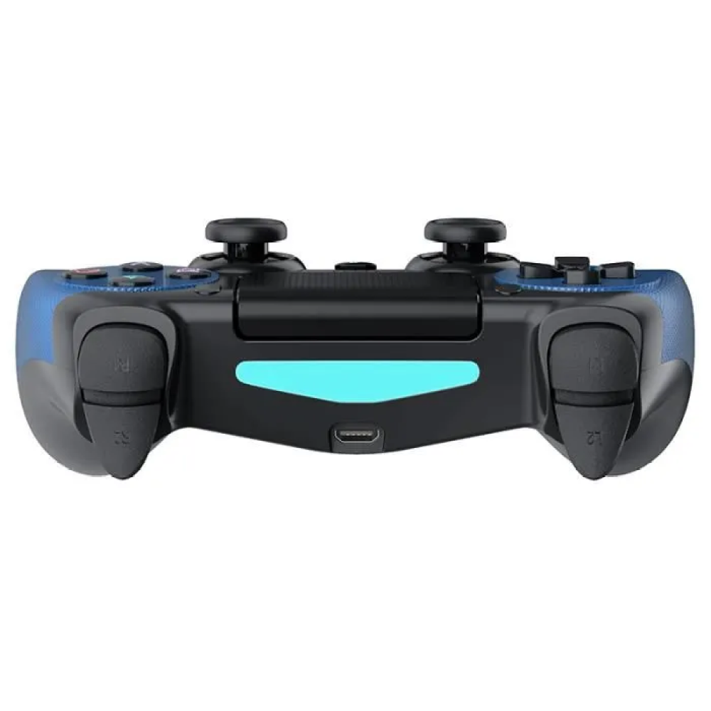 Un controller di gioco nero con accenti blu e una barra luminosa blu.