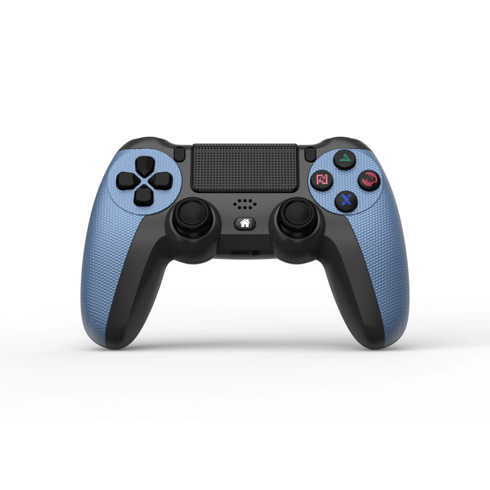 Un controller per videogiochi blu e nero è visualizzato su sfondo bianco.