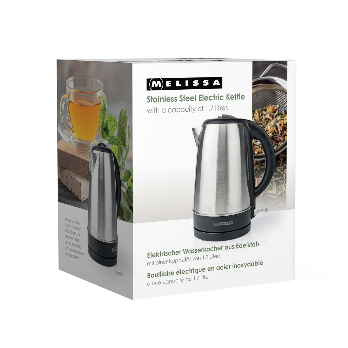 Edelstahl-Wasserkocher von Melissa mit 1,7L Kapazität, daneben eine Tasse Tee.