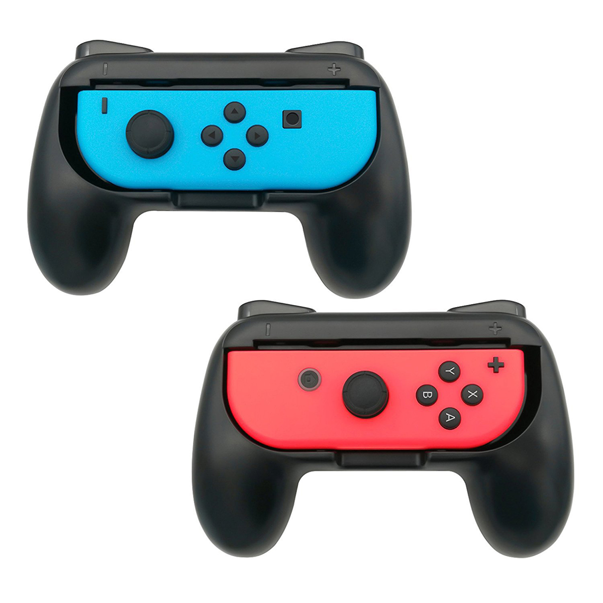 Due impugnature per controller nere con Joy-Con blu e rossi.