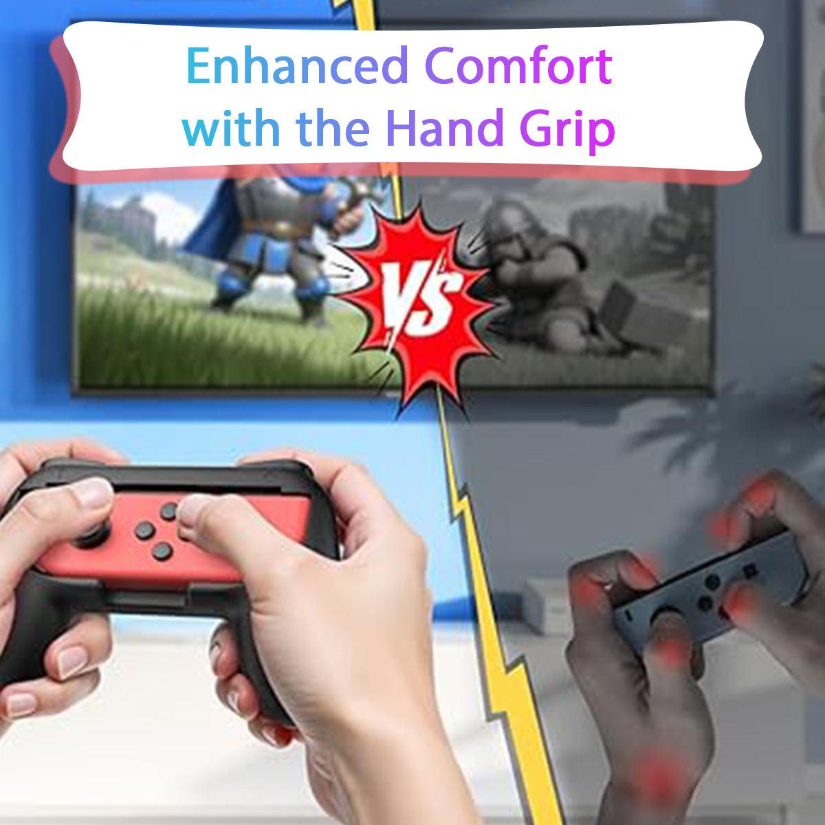 Mani che tengono controller davanti a uno schermo con grafica di gioco. Testo: Enhanced Comfort.