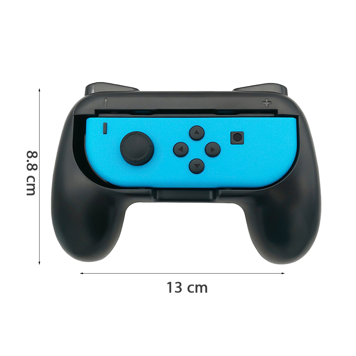 Impugnatura controller nera con inserto Joy-Con blu. Dimensioni 13x8.8 cm.