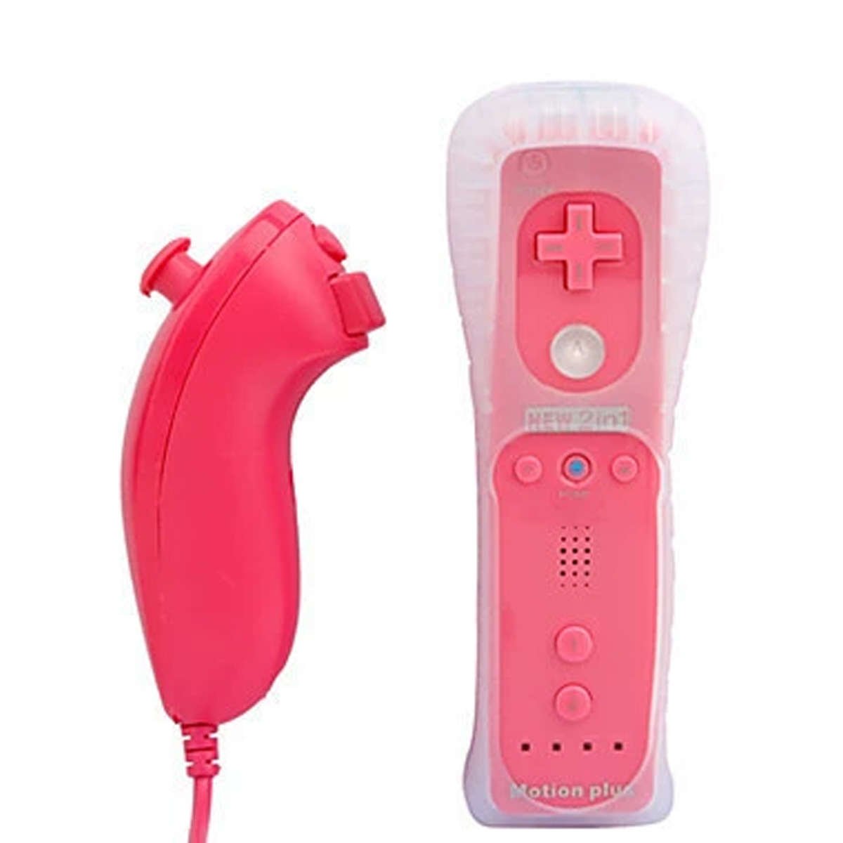 Due controller rosa per videogiochi, uno accanto all'altro su sfondo bianco.