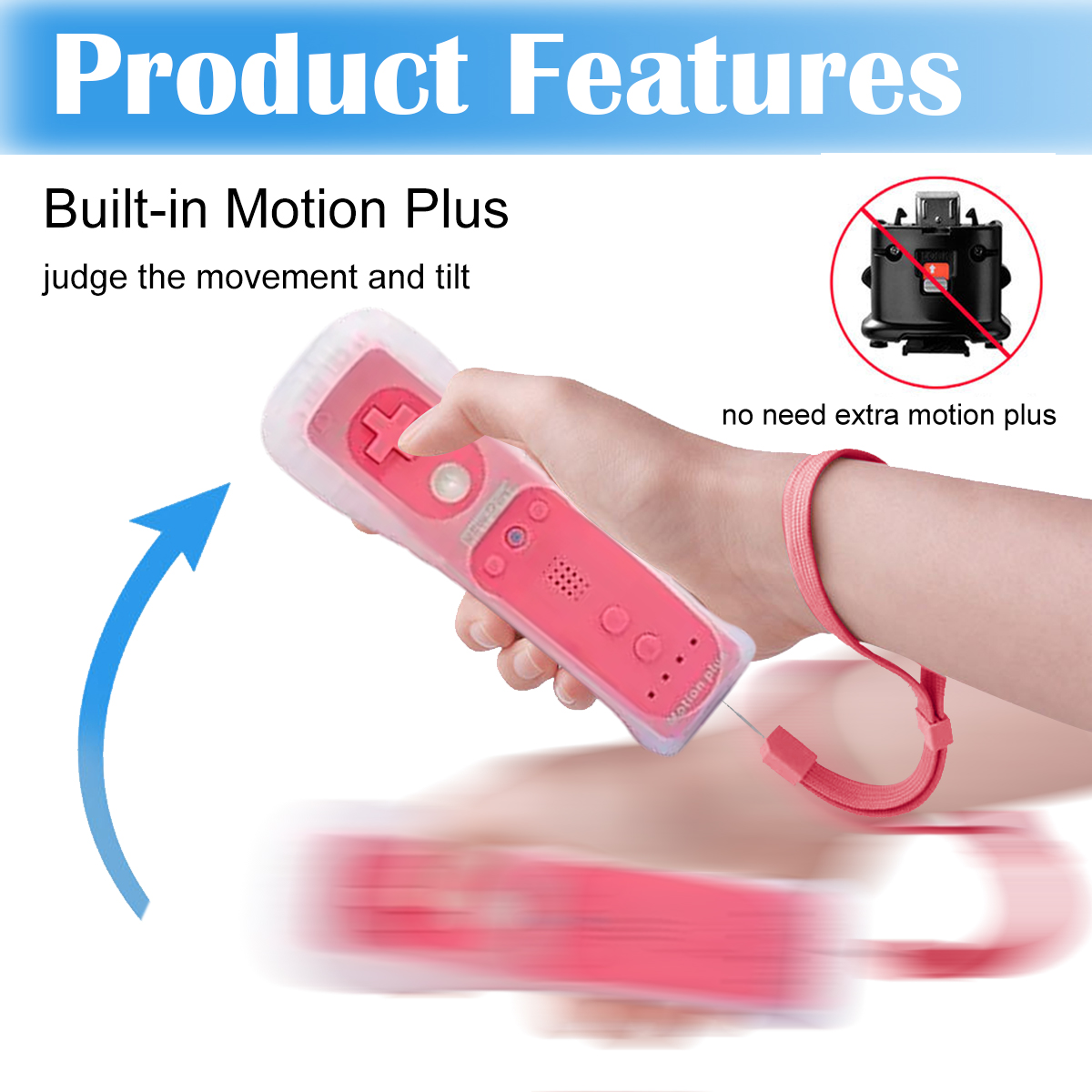 Una mano tiene un telecomando rosa con custodia in silicone motion plus.