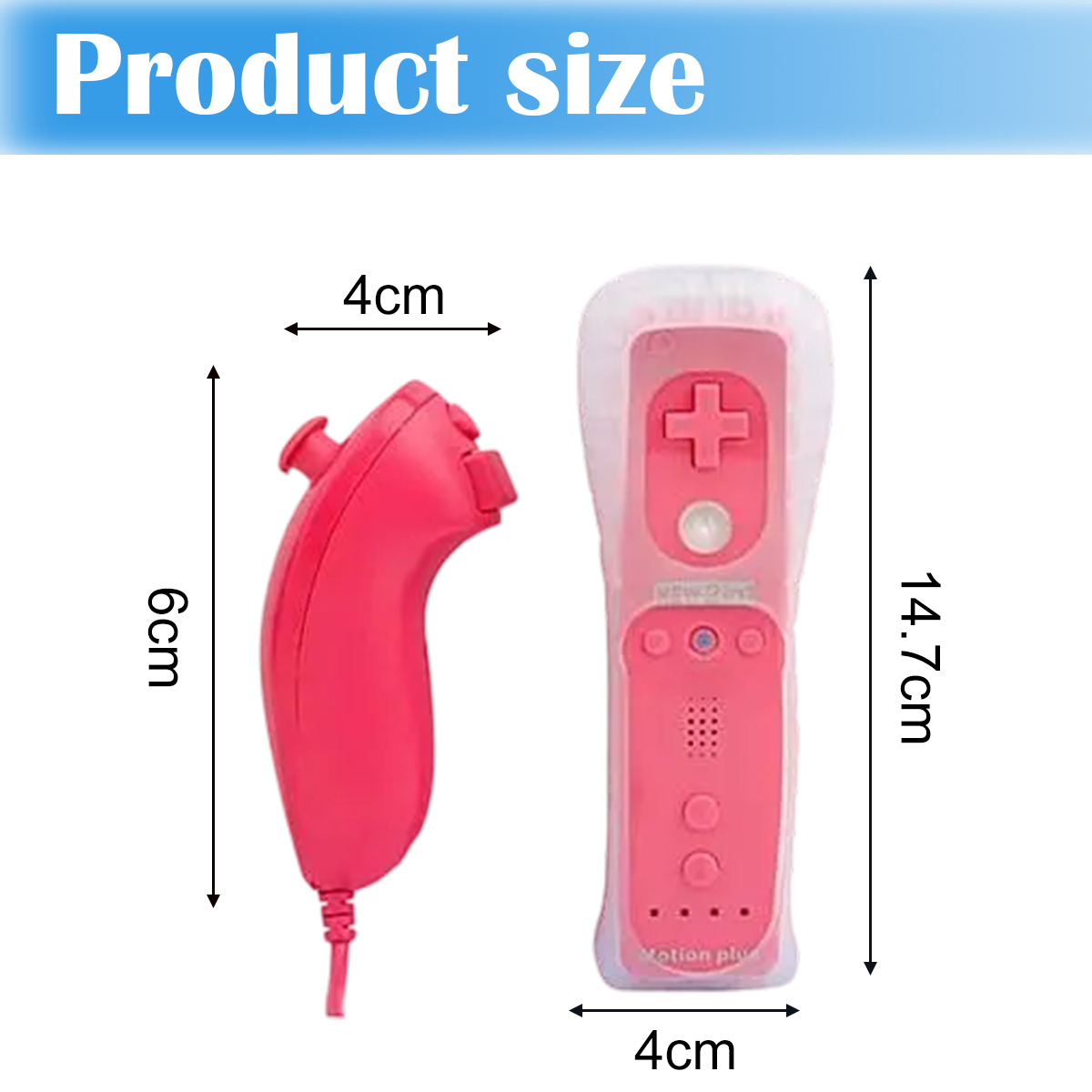 Due controller rosa mostrati con dimensioni. Uno è alto 6cm e largo 4cm. L'altro è alto 14,7cm e largo 4cm.