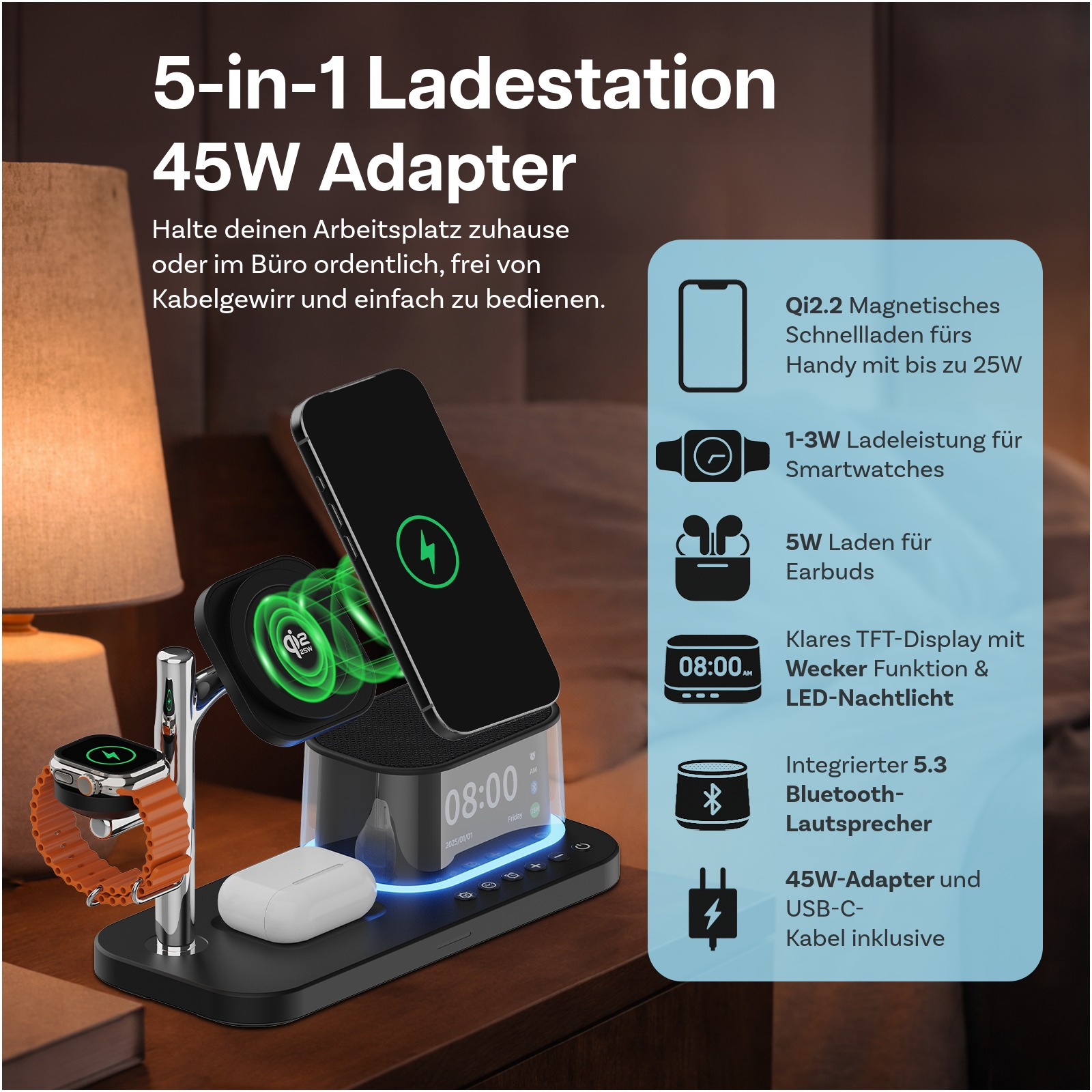 5-in-1 Ladestation mit Qi2.2 Handy-, Smartwatch-, Earbud-Laden & Display.
