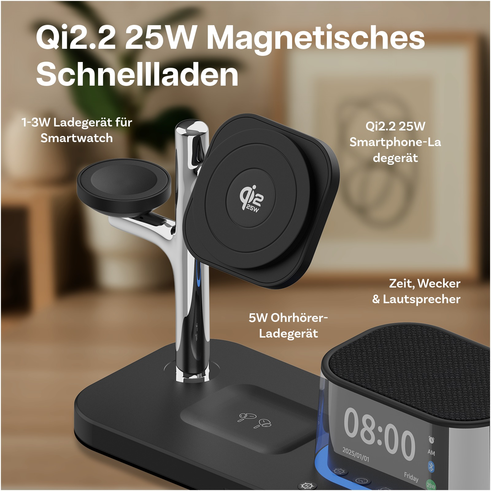 Ein schwarzes Qi2.2 25W Ladegerät für Smartphone, Smartwatch und Ohrhörer.