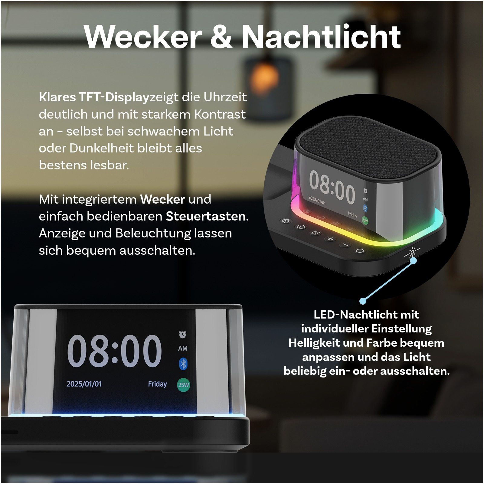 Ein digitaler Wecker mit Nachtlicht zeigt 08:00 Uhr, Datum und Wochentag an.