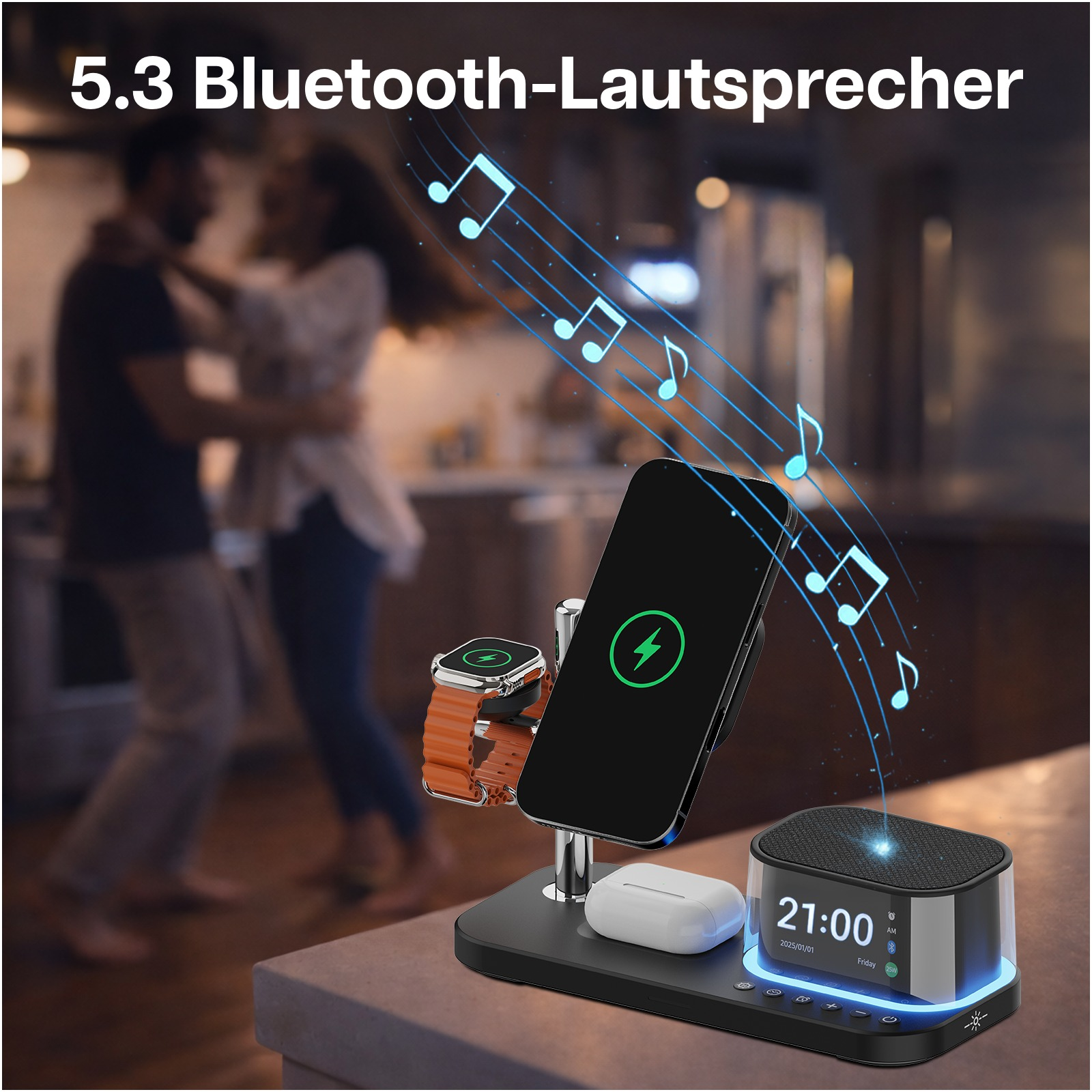 Eine Ladestation mit Telefon, Uhr und Ohrhörern, mit Musiknoten darüber.