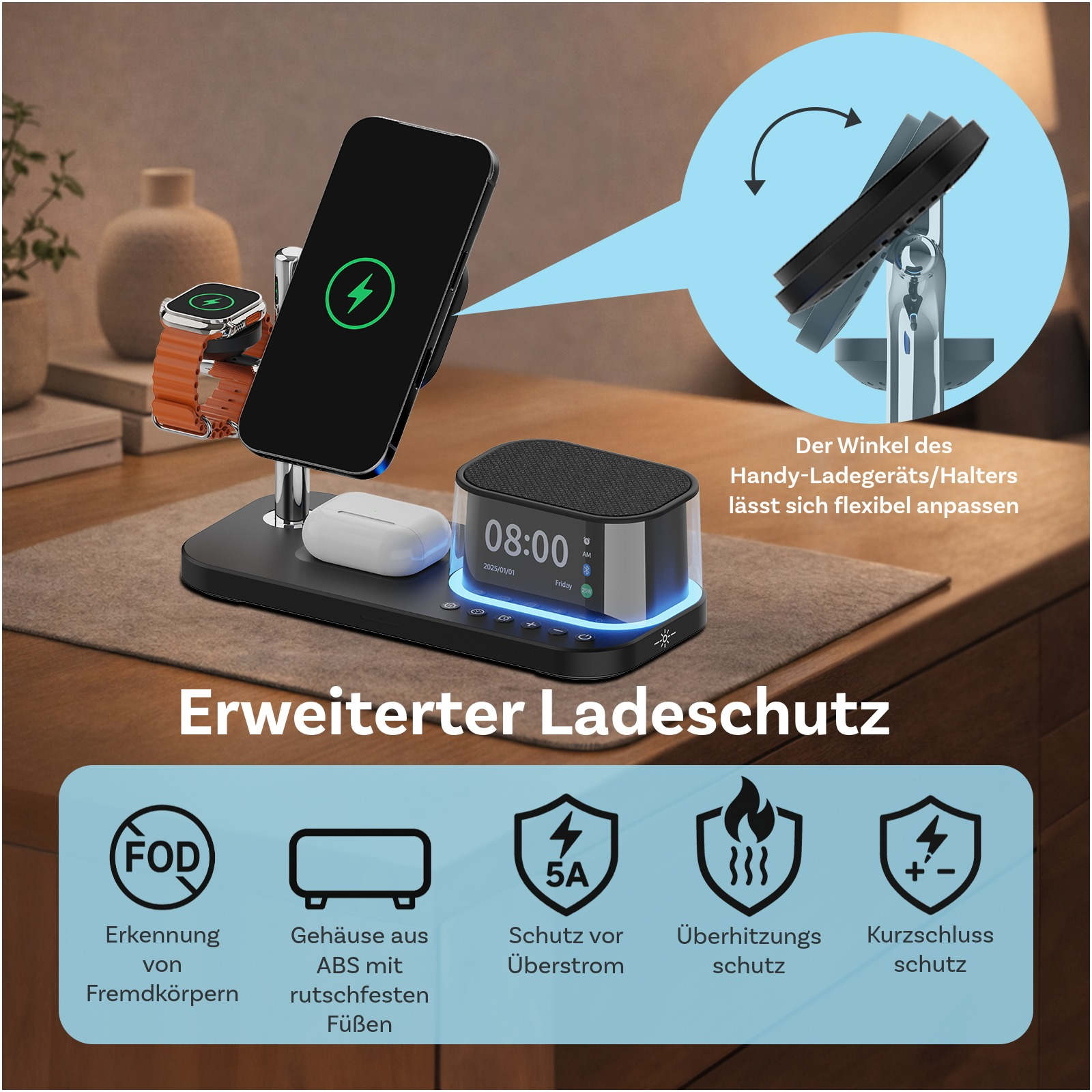 Ladestation mit Smartphone, Smartwatch, Kopfhörern und Wecker. Mit Schutzfunktionen.
