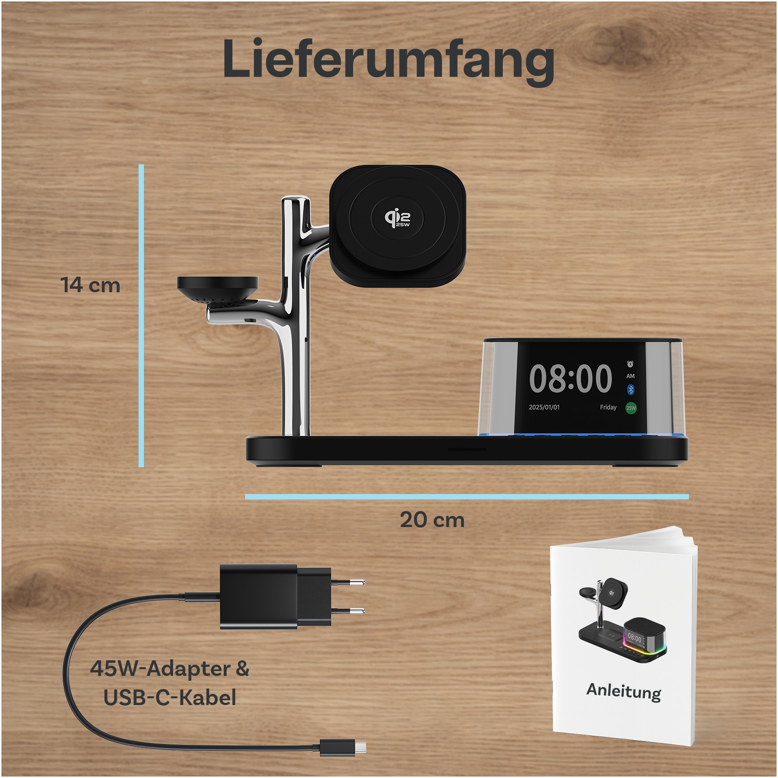 Lieferumfang: Ladegerät, 45W-Adapter, USB-C-Kabel, Anleitung. Maße 14x20cm.