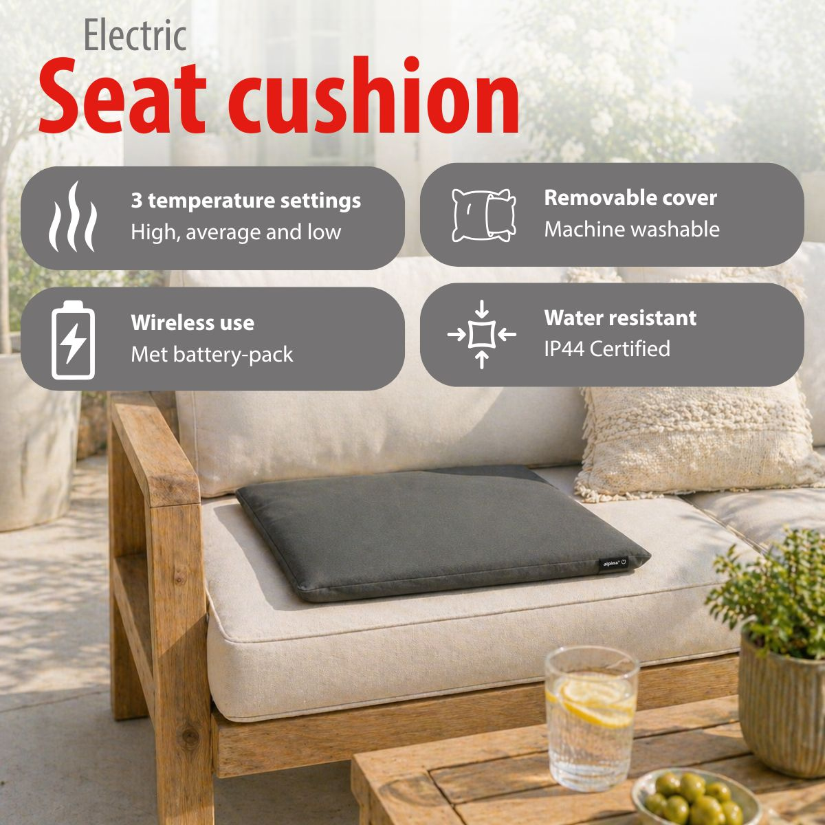 Gray seat cushion with 4 features on a wooden chair.