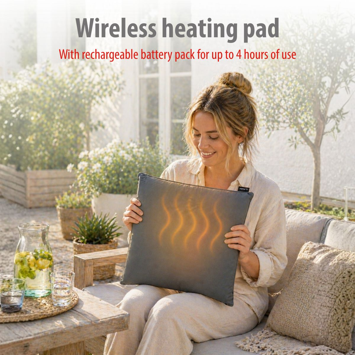 Woman holding grey heating pad with orange heating coils on outdoor couch.
