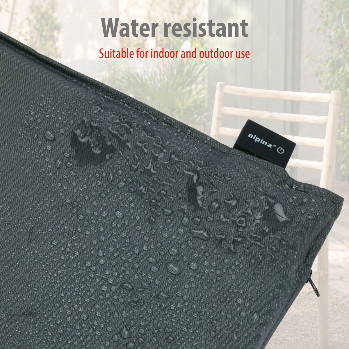 Dark gray fabric with water droplets, an Alpina logo, and a wooden chair.