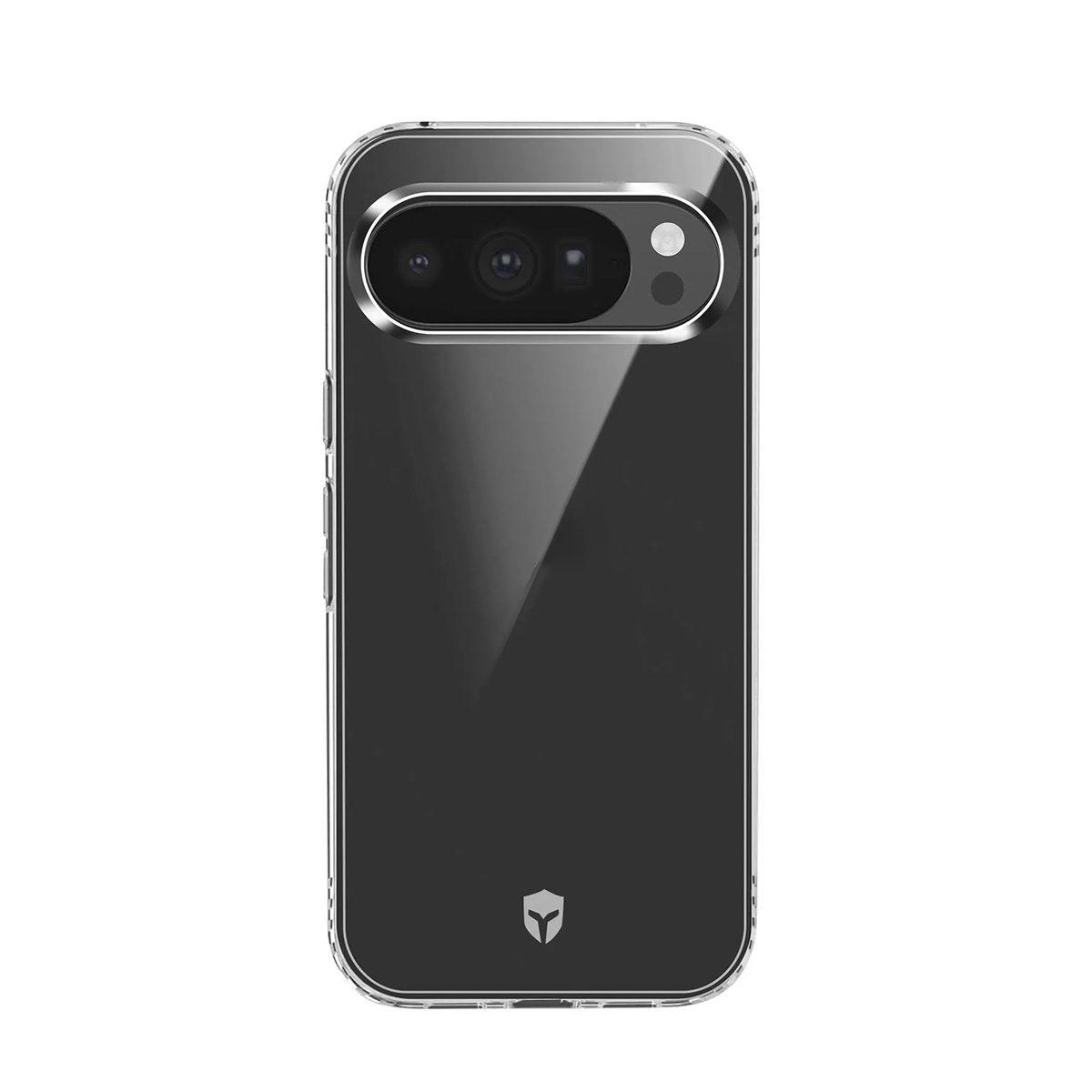 Custodia trasparente per telefono con bordo argentato e blocco fotocamera.
