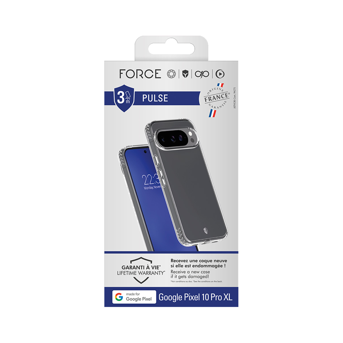 Confezione di una custodia FORCE Pulse per Google Pixel 10 Pro XL.