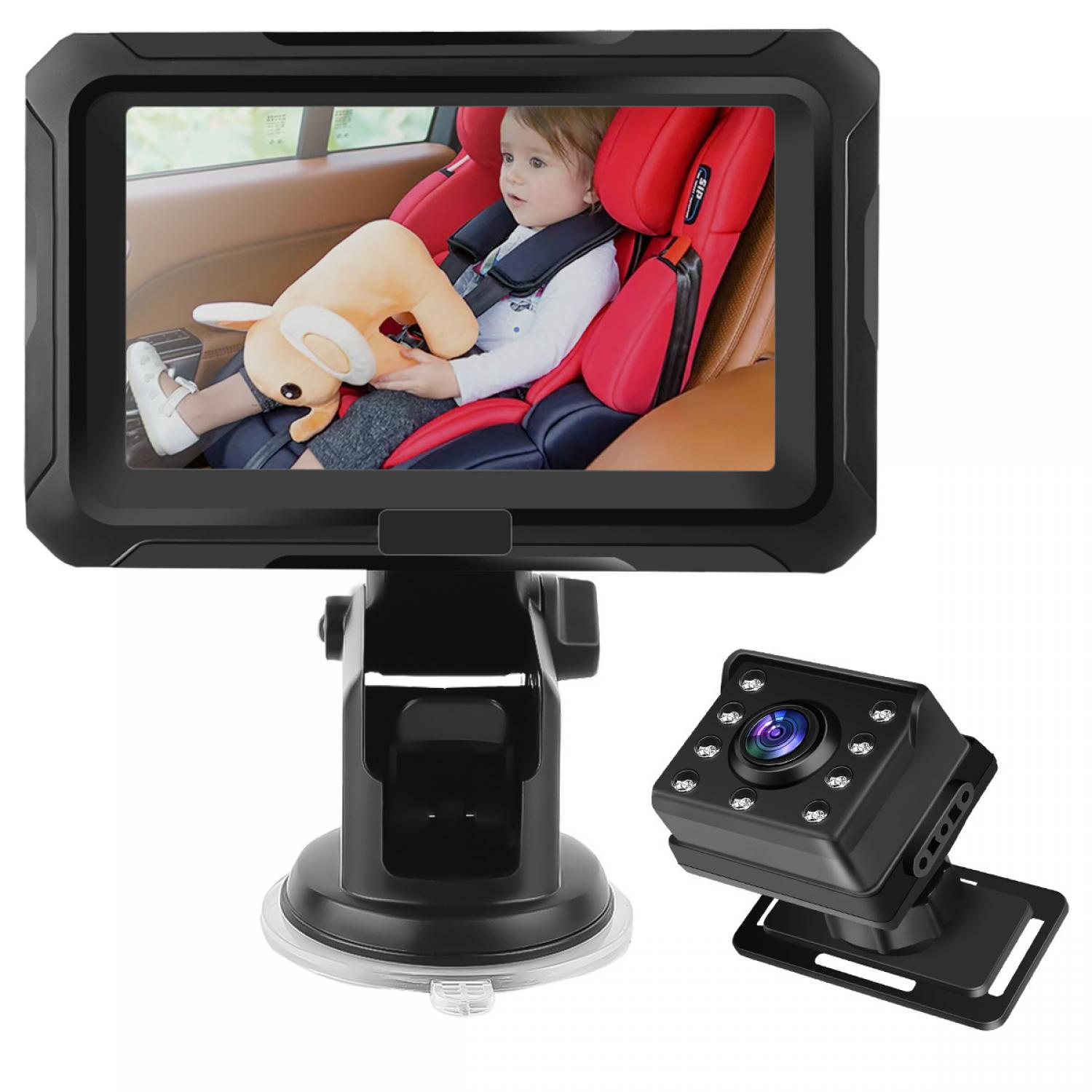 Ein Monitor zeigt ein Baby im Kindersitz, daneben eine Rückfahrkamera.