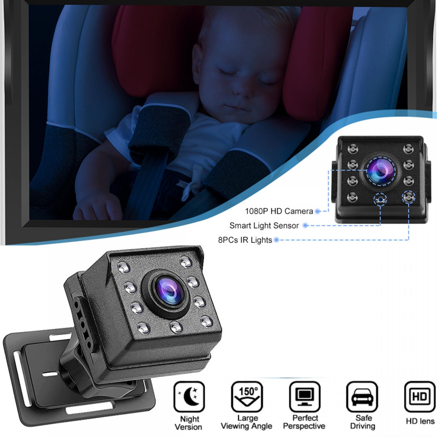 Baby schläft im Autositz. Kleine Kamera mit IR-Lichtern gezeigt.