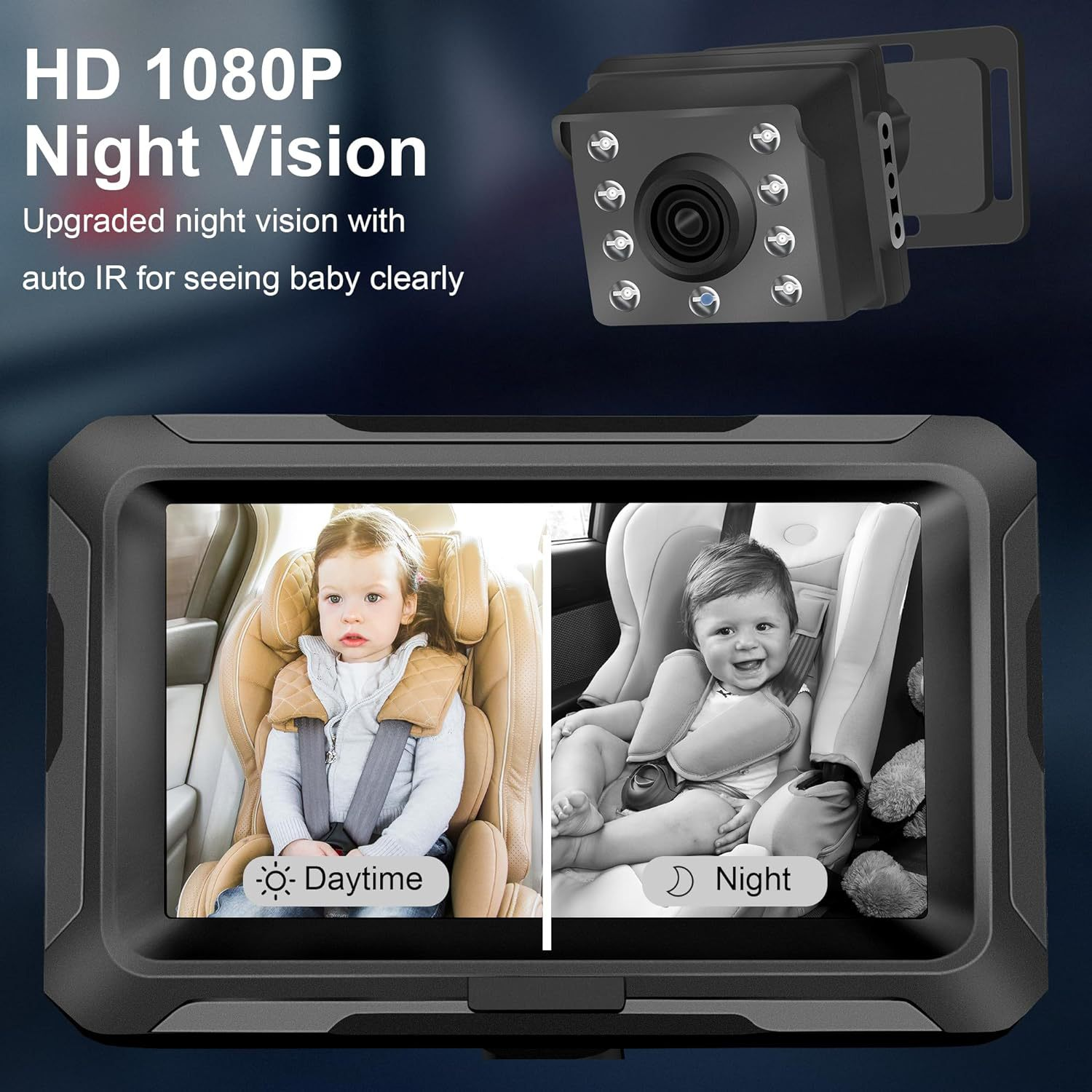 Baby-Monitor mit Tag- und Nachtsicht: Baby im Auto tagsüber und nachts.