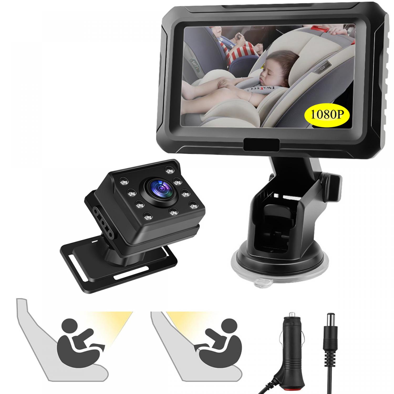 Ein Rückfahrkamera-Set mit Monitor, das ein Baby im Kindersitz zeigt.
