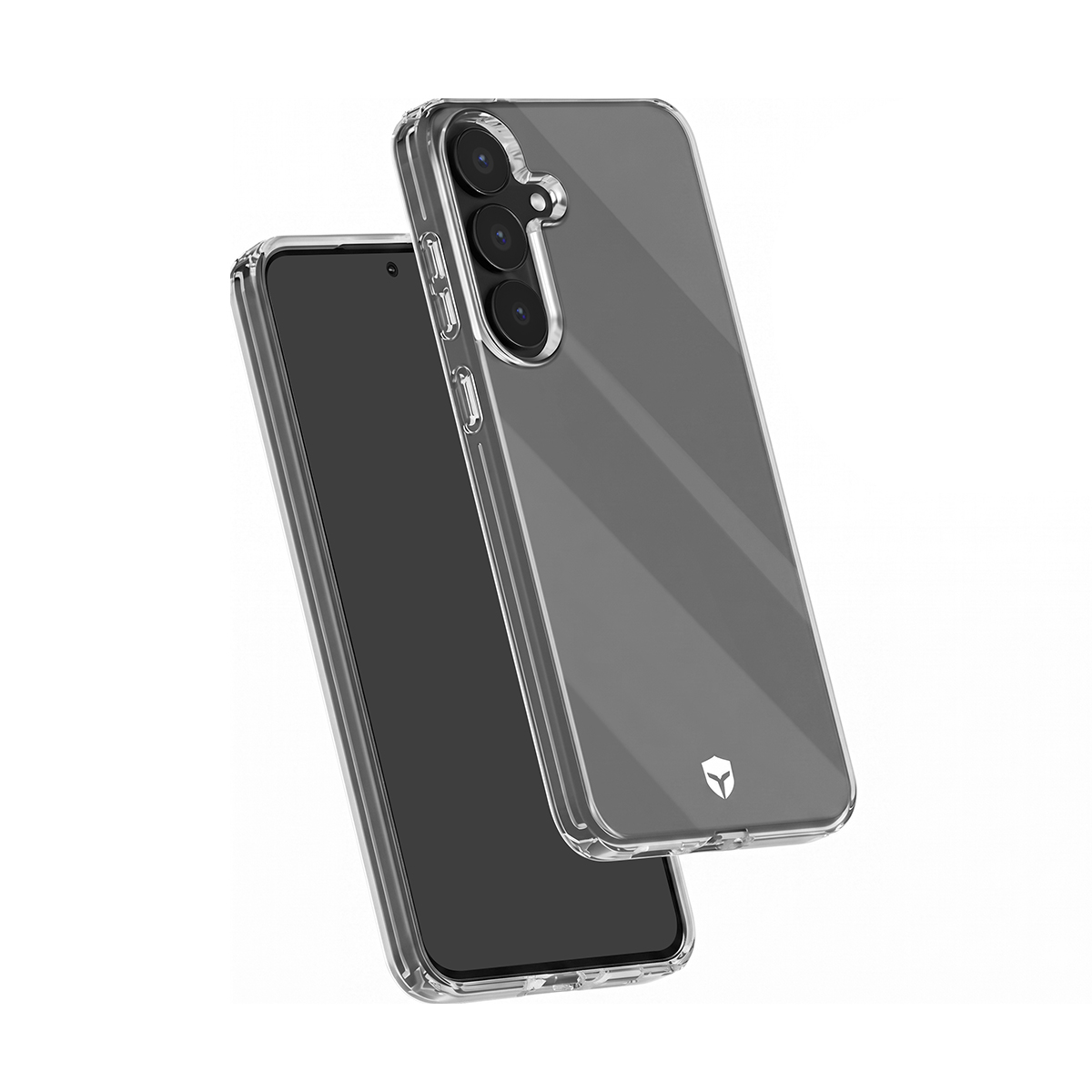 Ein durchsichtiges Handyhülle liegt auf einem dunklen Smartphone.