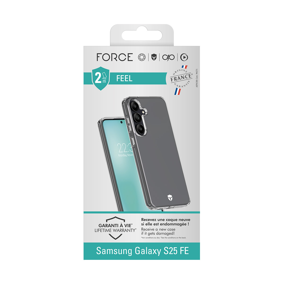 Verpackung für ein Samsung Galaxy S25 FE Handyhülle mit einem transparenten Hülle-Beispiel.