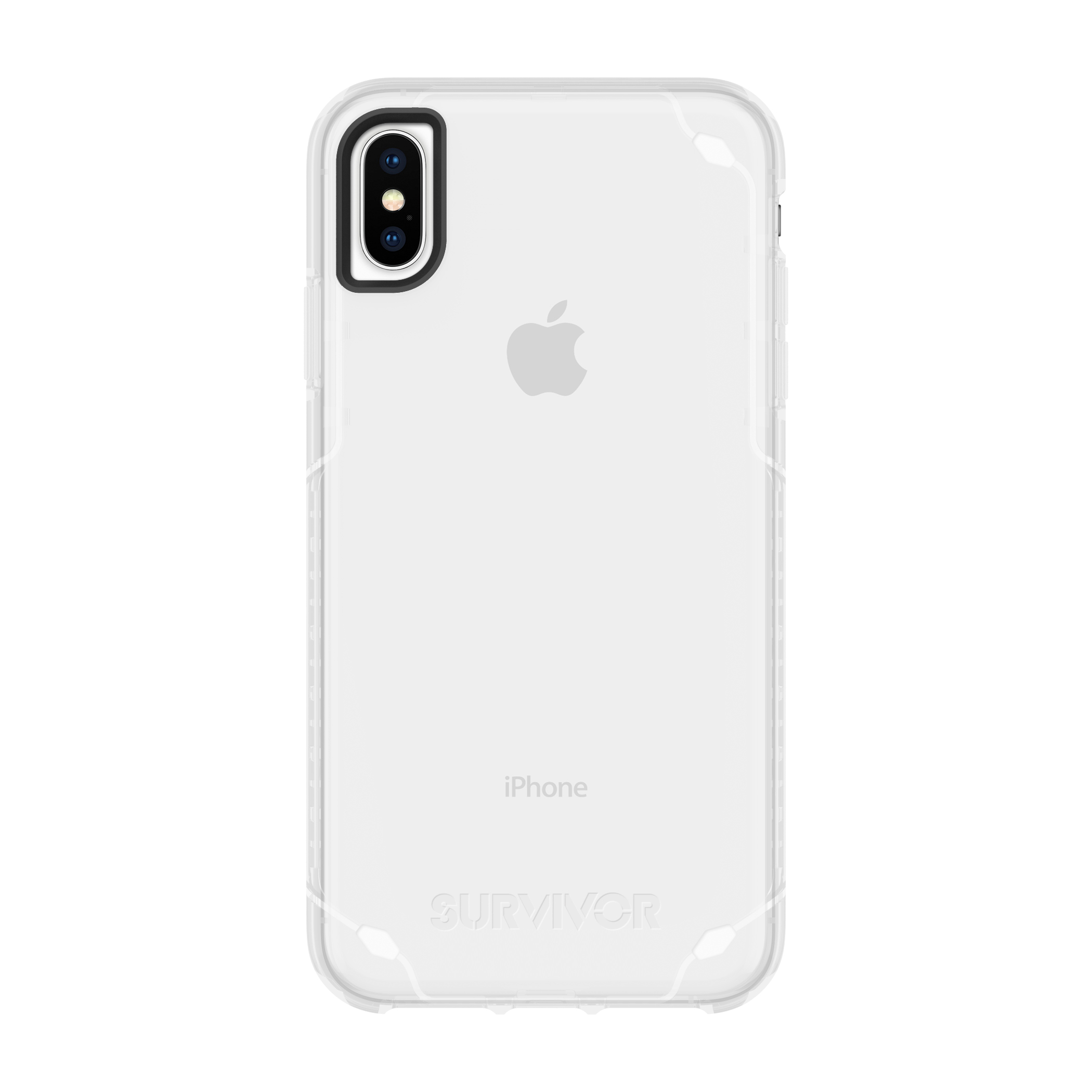 Ein durchsichtiger iPhone-Schutz mit doppeltem Objektiv und Apple-Logo.