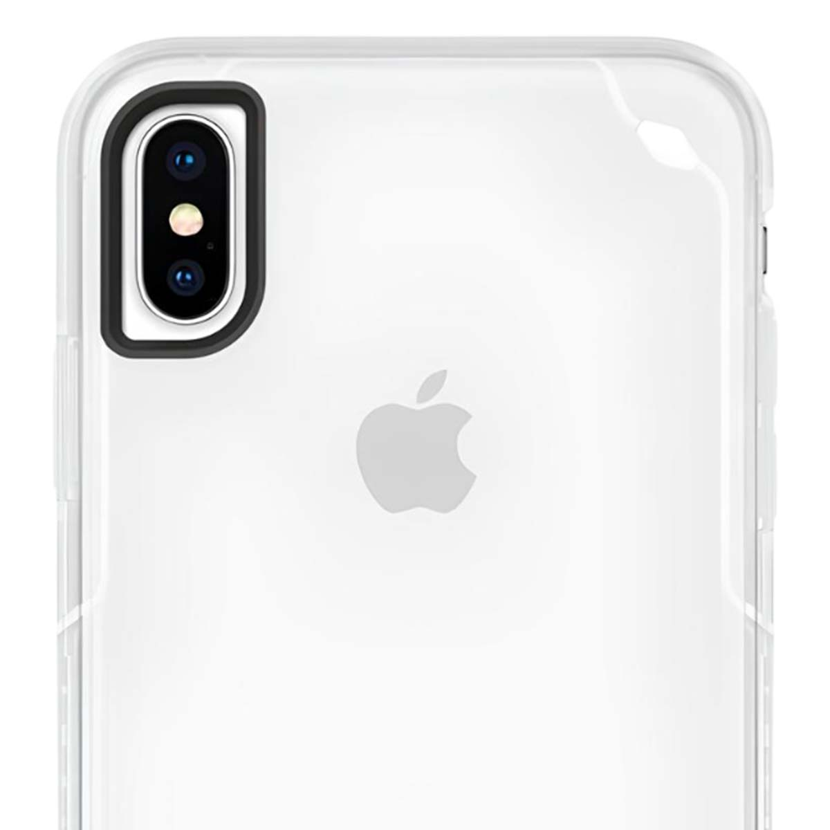 Transparente Handyhülle auf weißem iPhone mit Dual-Kamera und Apple-Logo.