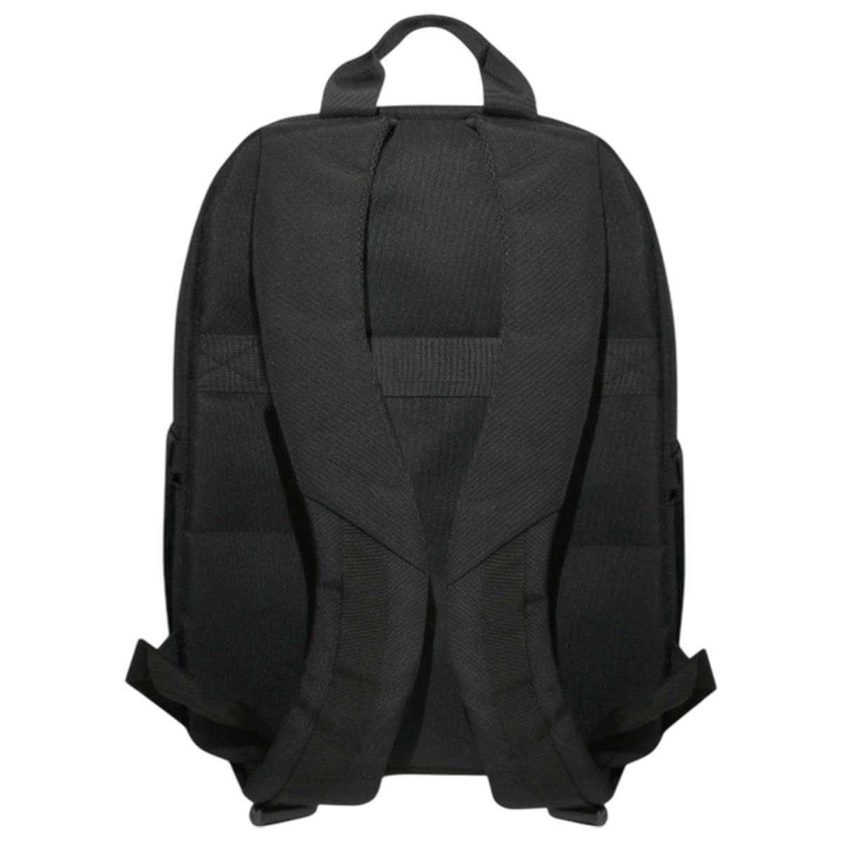 Vista posteriore di uno zaino nero con spallacci imbottiti e manico.