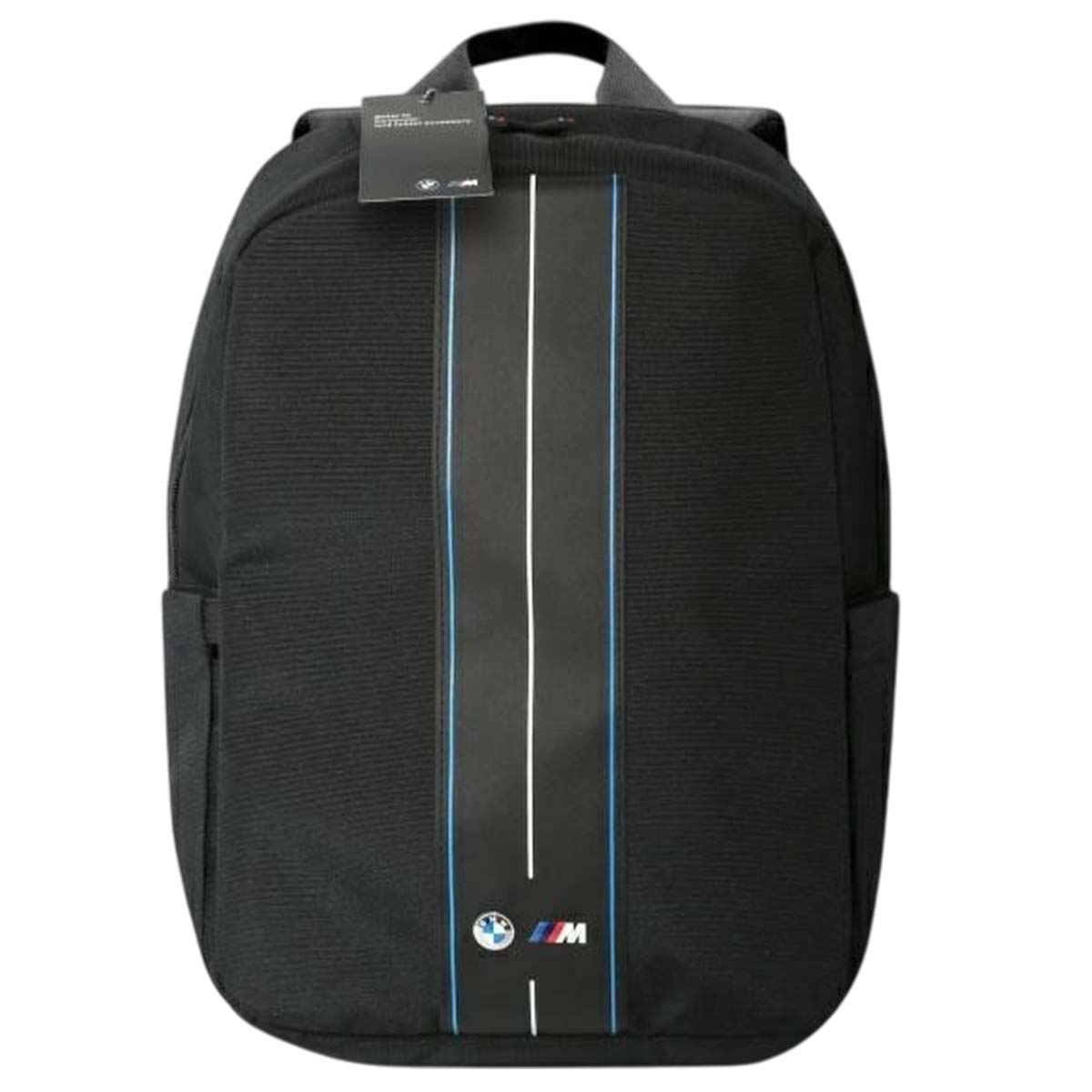Zaino nero con logo BMW M e strisce.