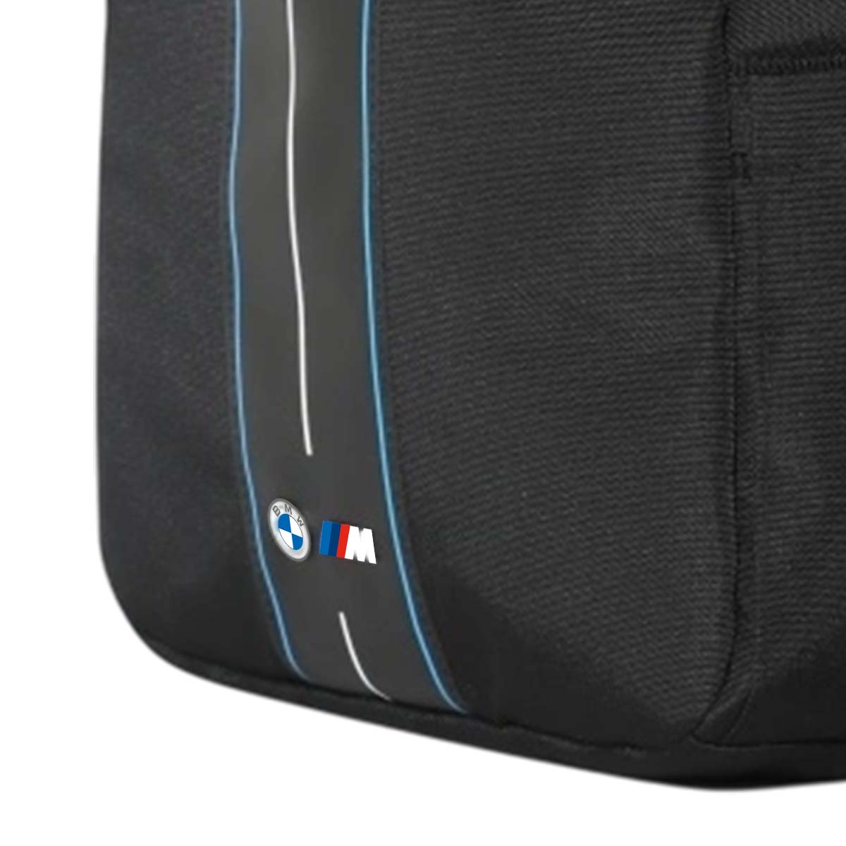 Zaino nero con logo BMW M e strisce blu.