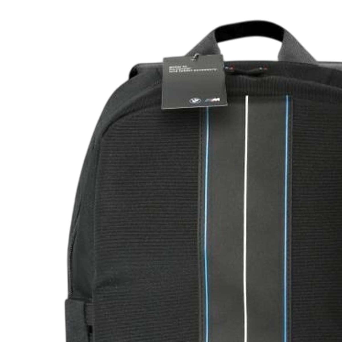 Zaino nero con strisce verticali bianche e blu e un'etichetta.