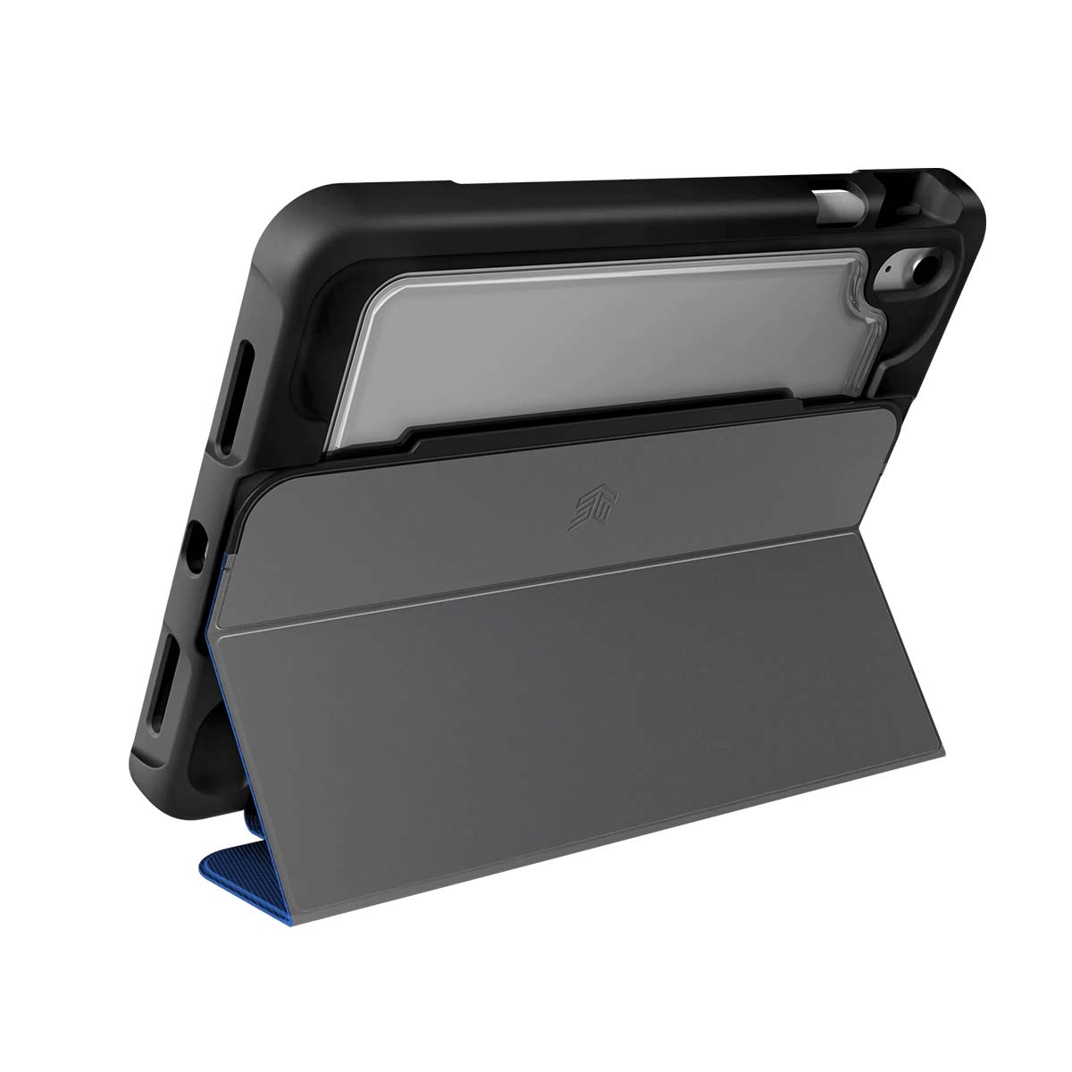 Schwarzes Tabletgehäuse mit aufgestelltem dunkelgrauem Cover und blauem Akzent.