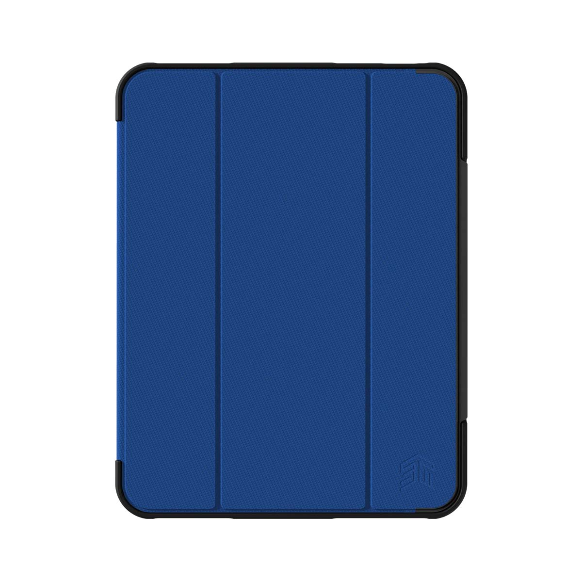 Blaue Tablet-Hülle mit drei Falten und schwarzem Rahmen. Geprägtes Logo unten rechts.