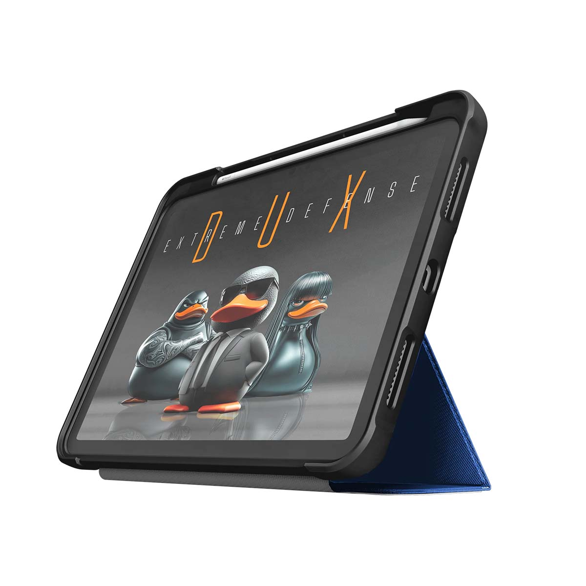 Drei animierte Enten in Kleidung auf einem Tablet-Bildschirm.