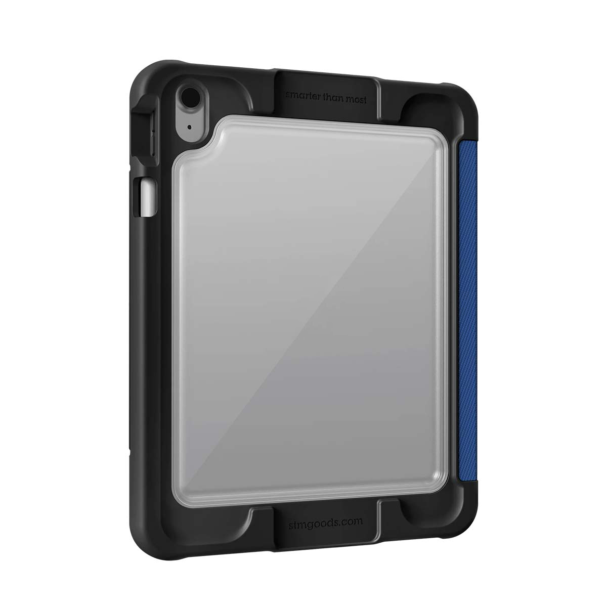Schwarze Tablet-Hülle mit blauer Stoffseite und klarem Sichtfenster.