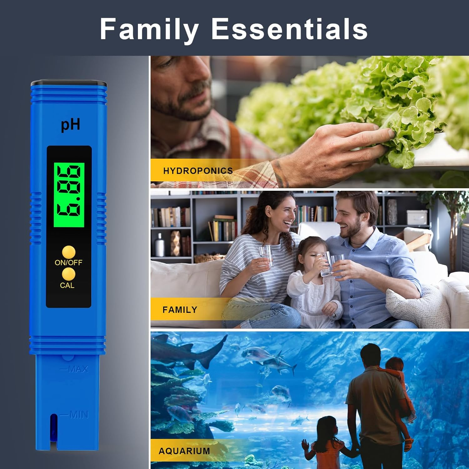 Ein blauer pH-Messgerät neben Bildern von Hydrokultur, Familie und Aquarium.