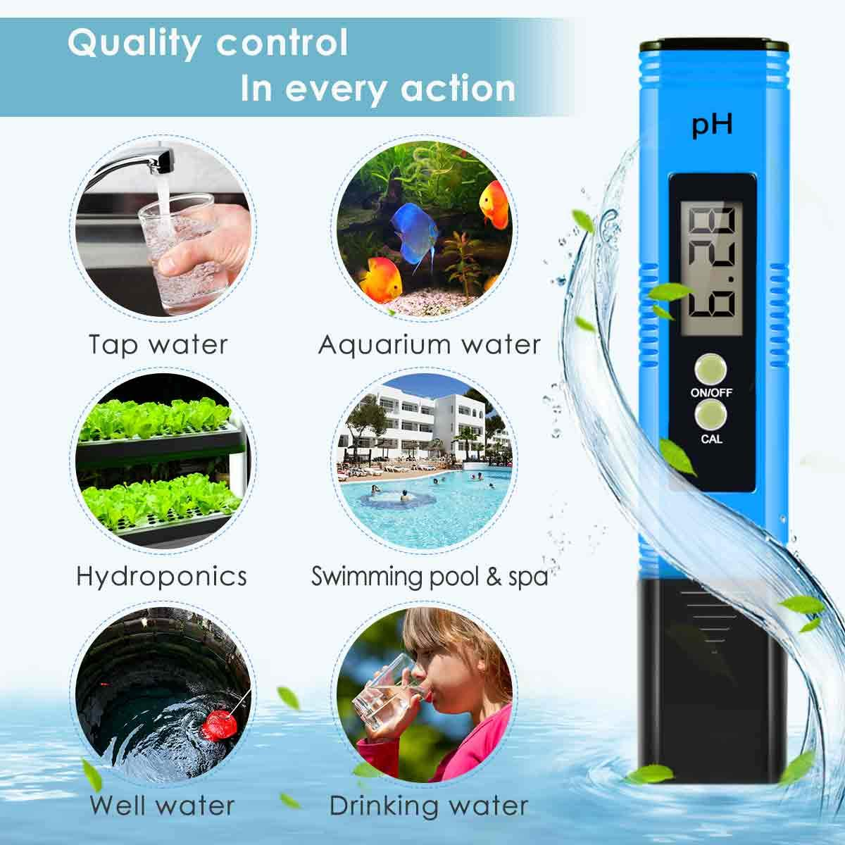 Blauer pH-Tester mit verschiedenen Wasserquellen: Leitungswasser, Aquarium, Hydrokultur, Pool, Brunnen, Trinkwasser.