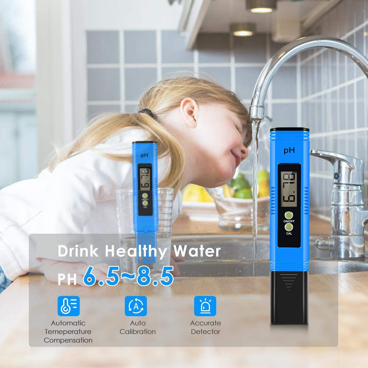 Ein Mädchen trinkt Wasser aus einem Wasserhahn, daneben ein blauer pH-Messgerät.