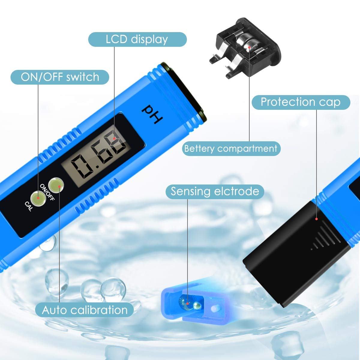 Blauer pH-Tester mit LCD-Anzeige, Kalibrierung, Batteriefach und Schutzkappe.