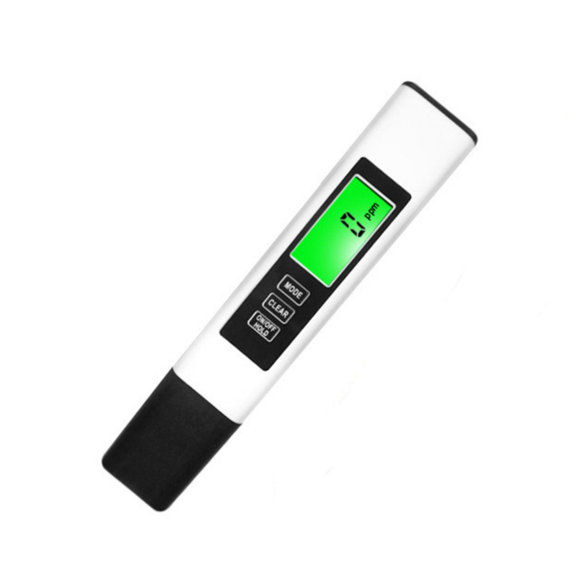 Ein weißer TDS-Messer mit schwarzem Griff und einem grünen Bildschirm, der 0 ppm anzeigt.