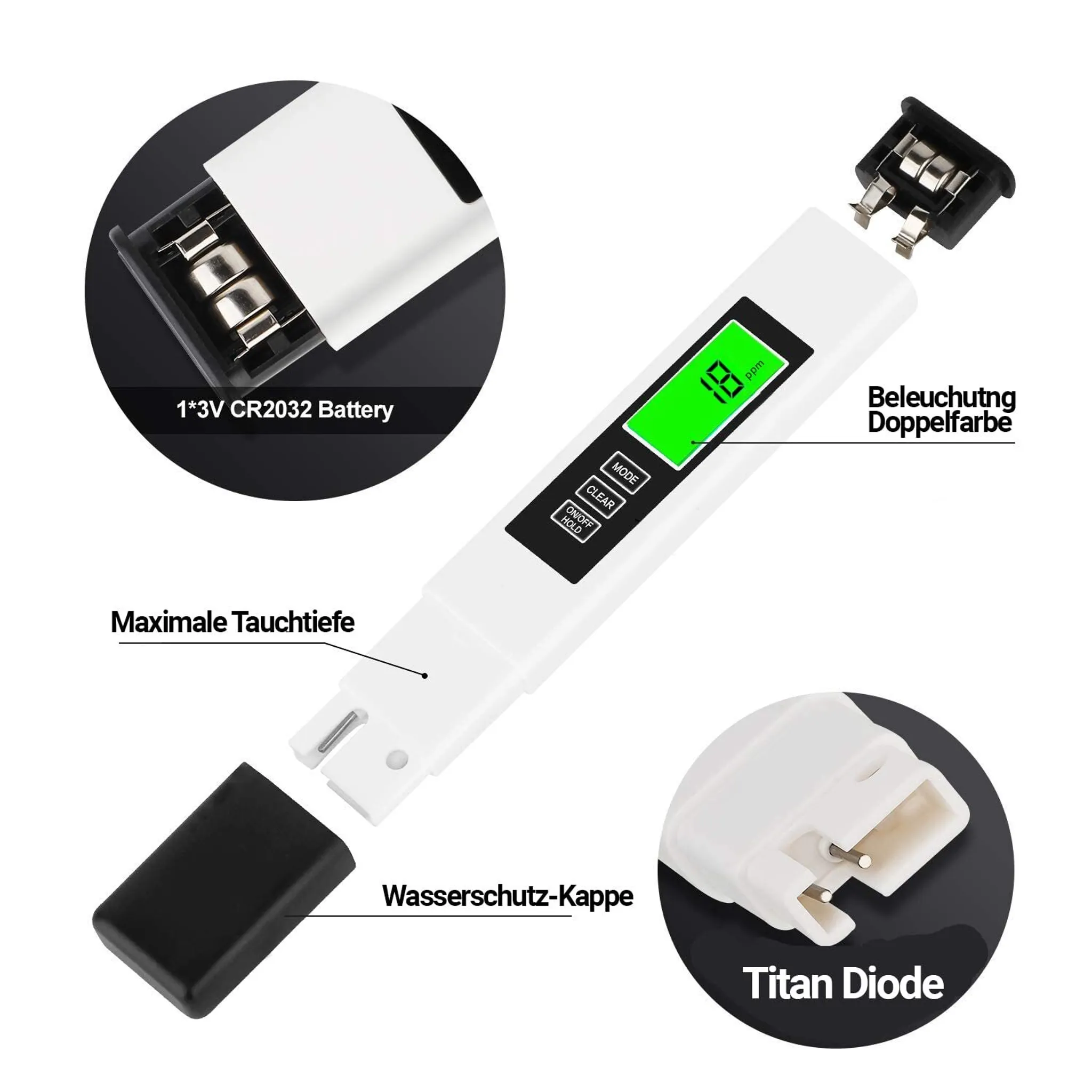 Ein weißes Messgerät mit LCD-Anzeige, Batteriefach und Titan-Diode.