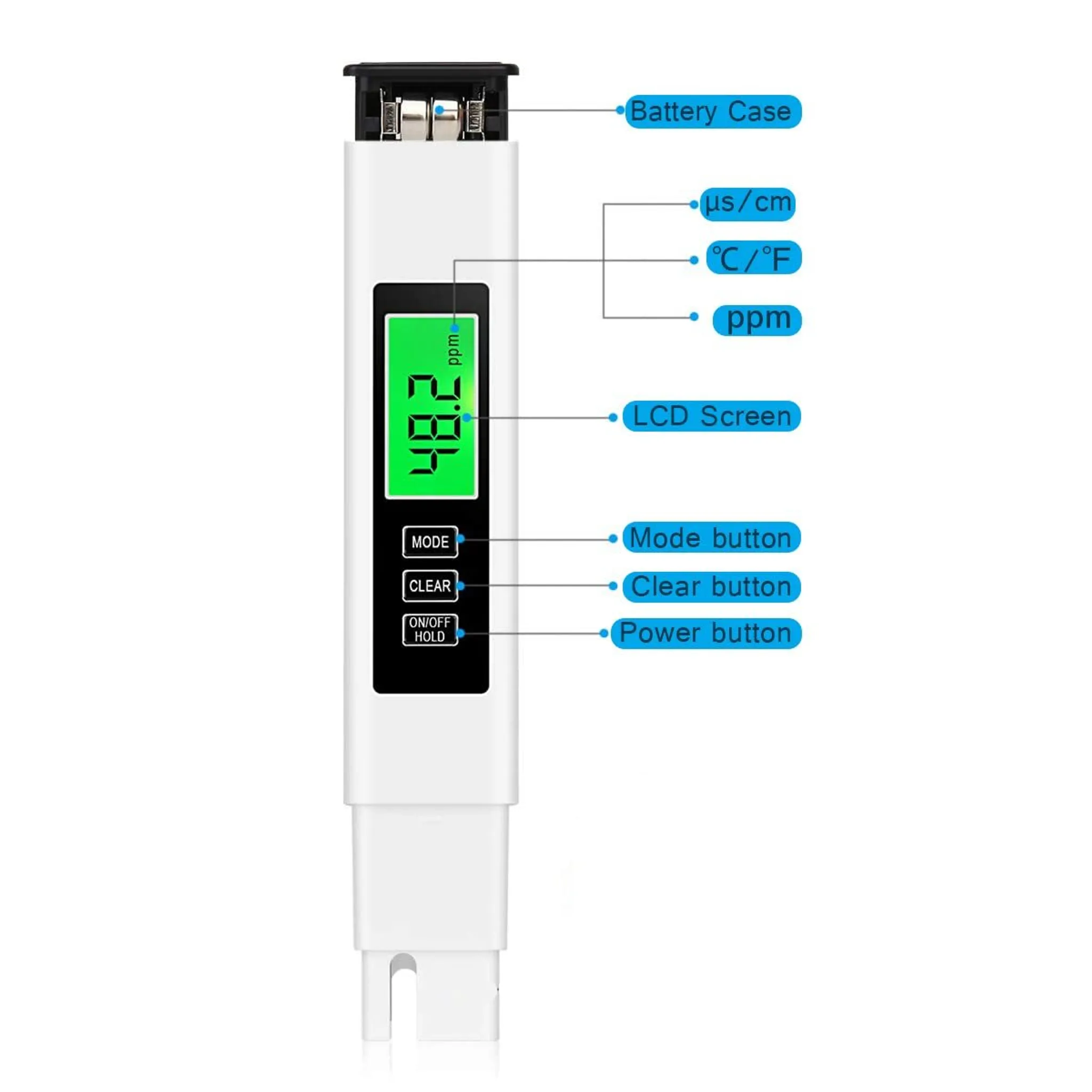 Weißes digitales TDS-Messgerät mit grünem LCD, zeigt 48,2 ppm, 3 Tasten unten.