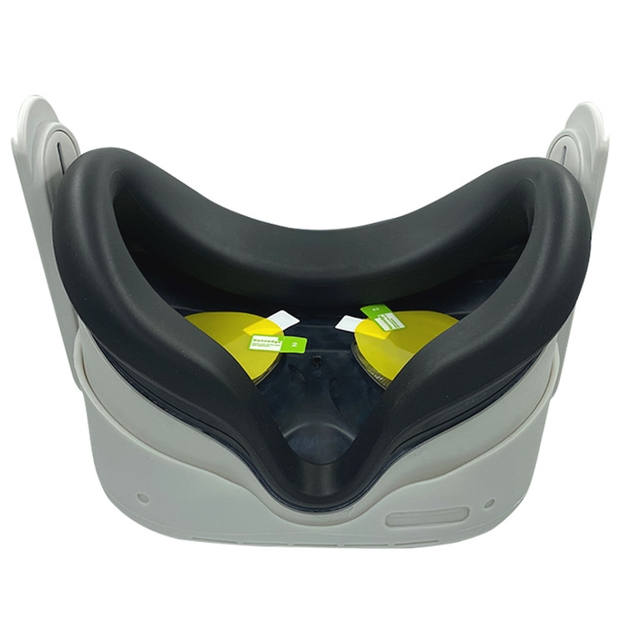 Eine VR-Brille mit schwarzem Polster und gelben Linsenabdeckungen.