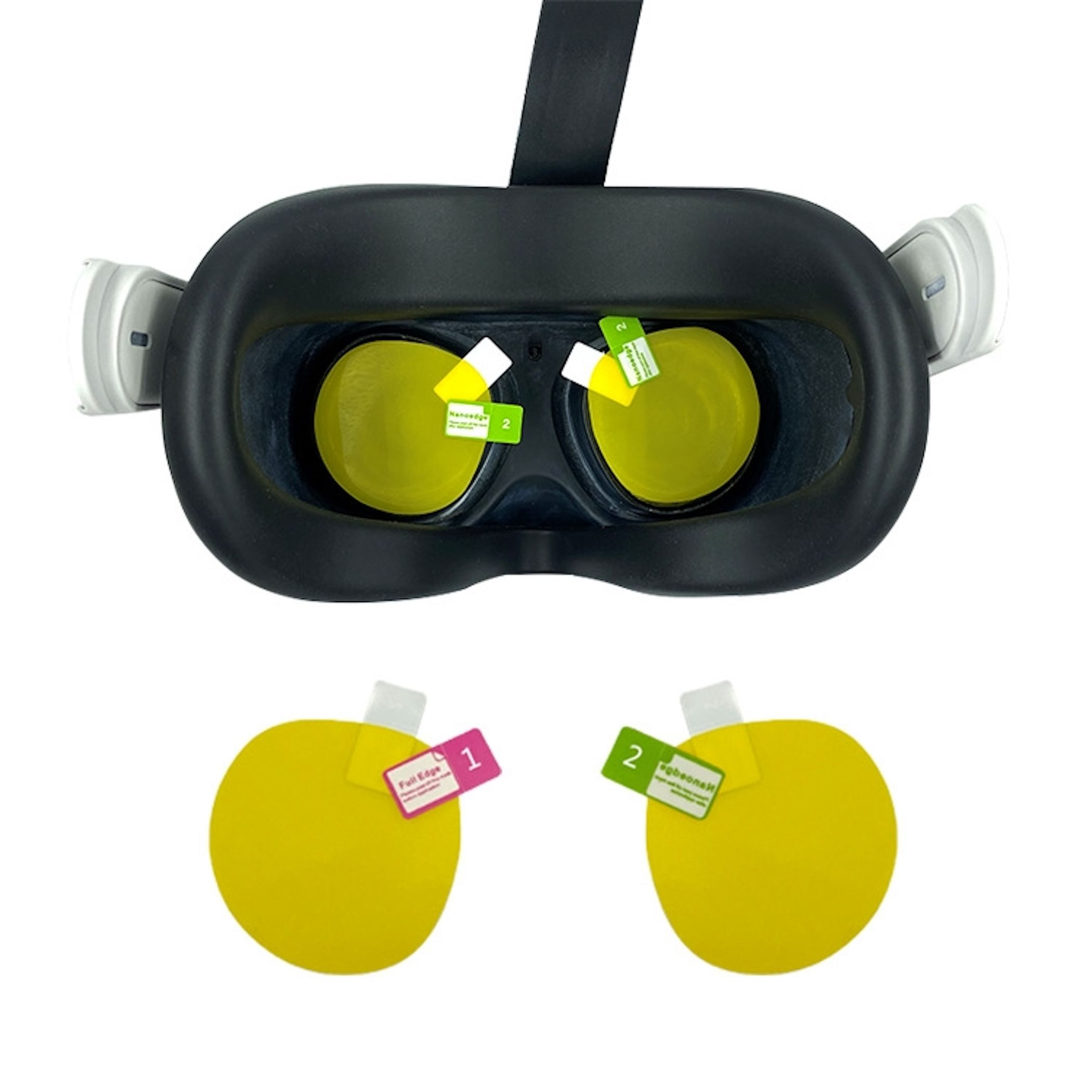 Eine schwarze VR-Brille mit gelben Linsen und Schutzfolien.