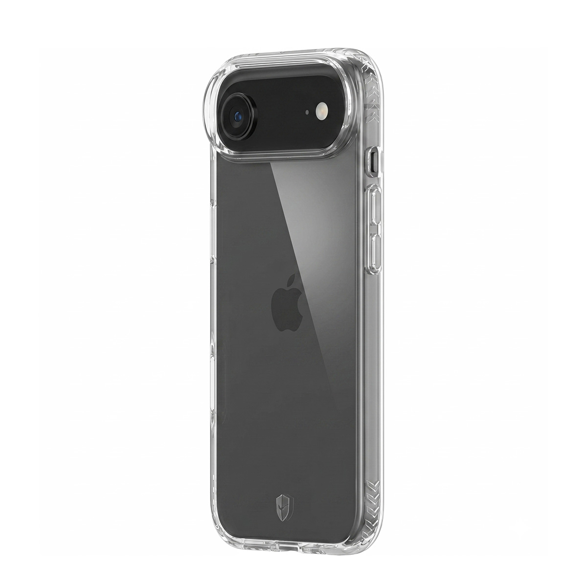 Custodia protettiva trasparente per iPhone, logo Apple visibile.